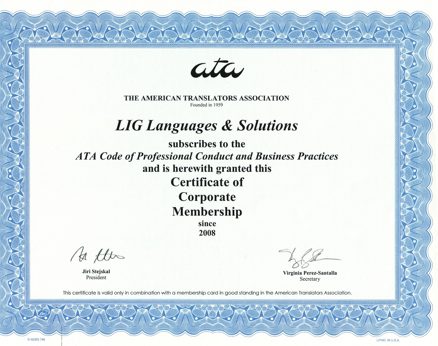 LIG Languages & Solutions 的 ATA 企业会员证书